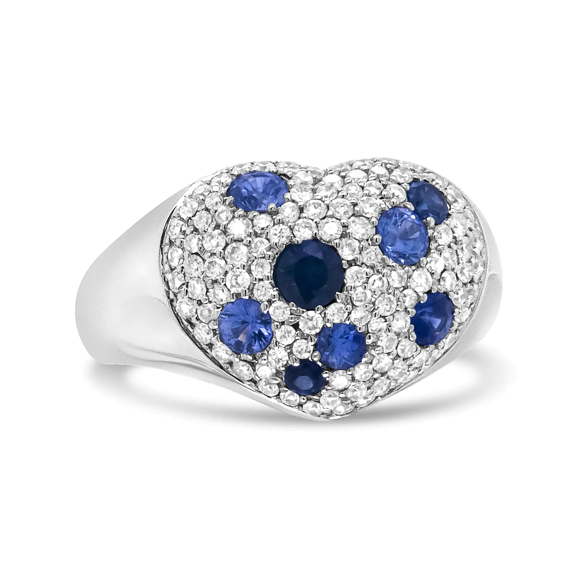 18K White Gold Blue Sapphire and 5/8 Cttw Diamond Cluster Heart Shaped  Ring (F-G Color, VS1-VS2 Clarity)