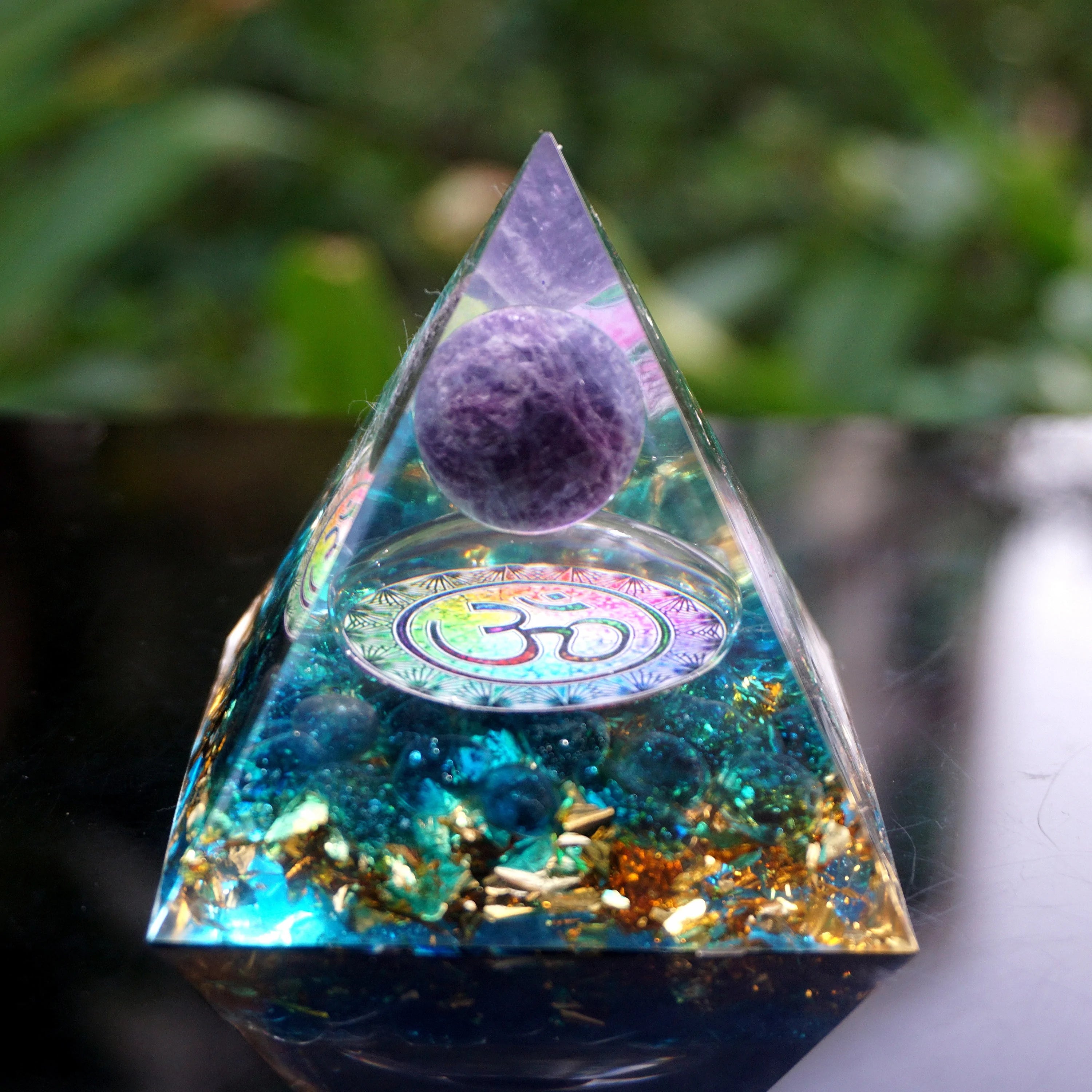 Handmade Ohm Amethyst Orgone Pyramid