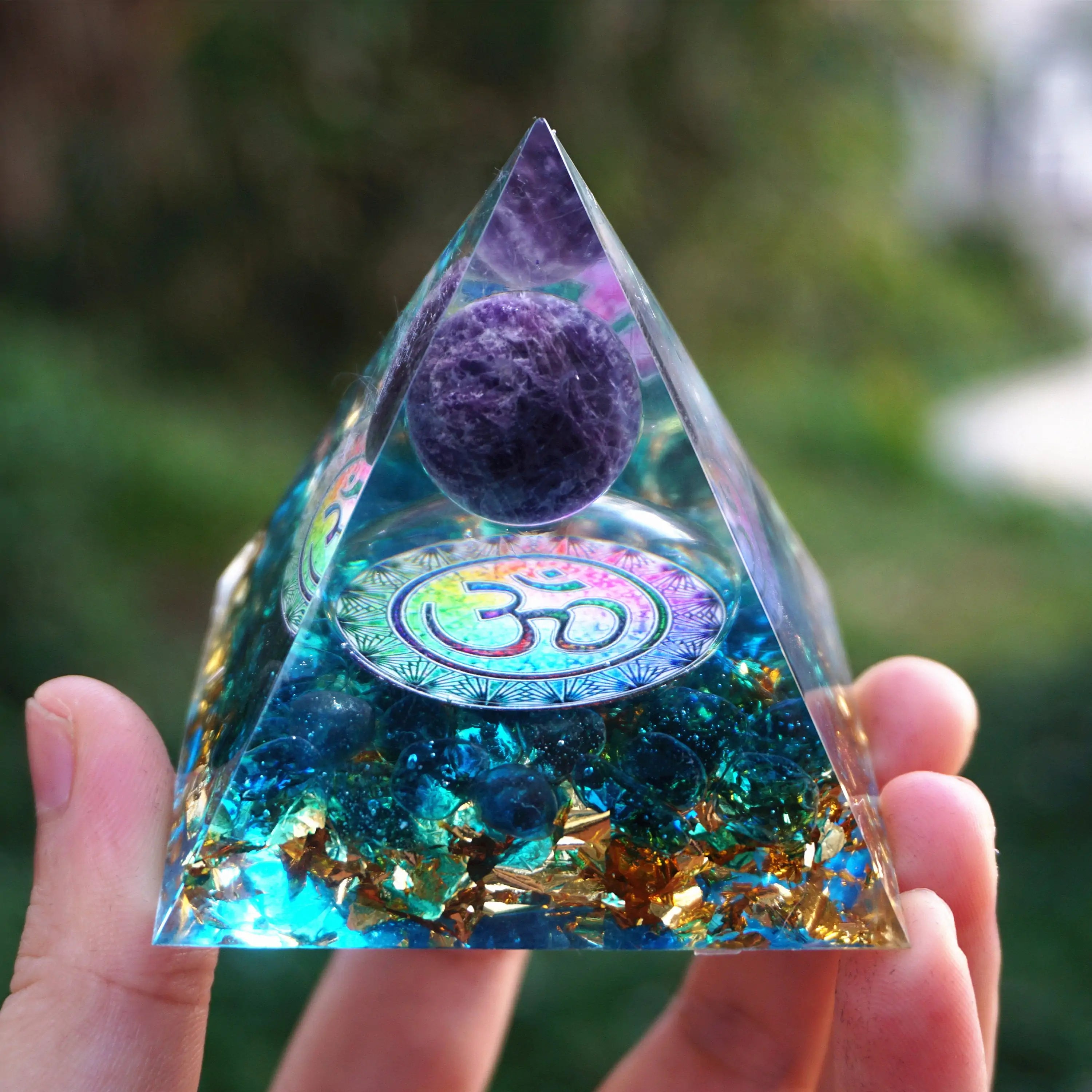 Handmade Ohm Amethyst Orgone Pyramid